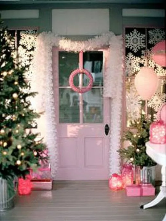 Simple Christmas Front Porch Decor Ideas; pink christmas decor, pink and white, pink christmas front porch, pink christmas front door