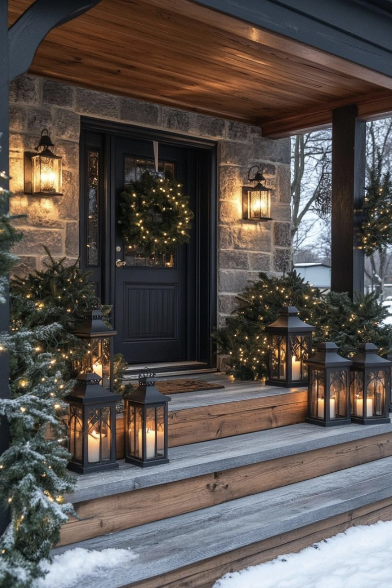Christmas porch with black door, lit wreath, lush greenery, string lights, and black lanterns with candles on wooden steps.