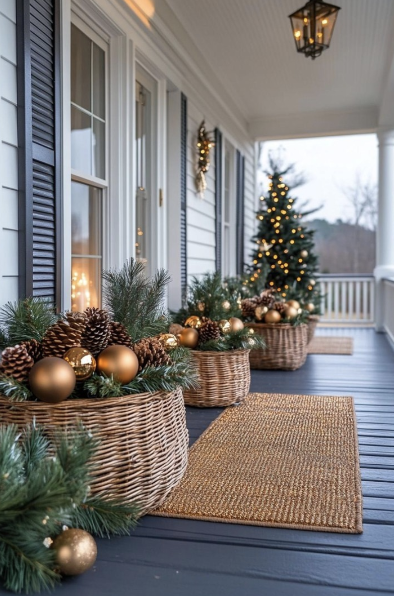 Christmas porch with wicker baskets filled with greenery, pinecones, and gold ornaments, paired with a lit tree and natural jute runners.
