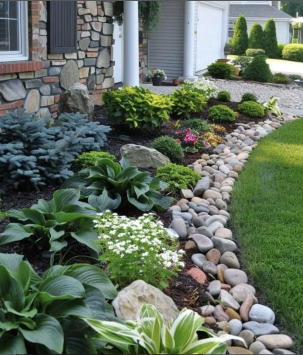 Landscaping ideas for front of house featuring layered hostas, evergreen shrubs, flowering plants, and a curved river rock border along the lawn.