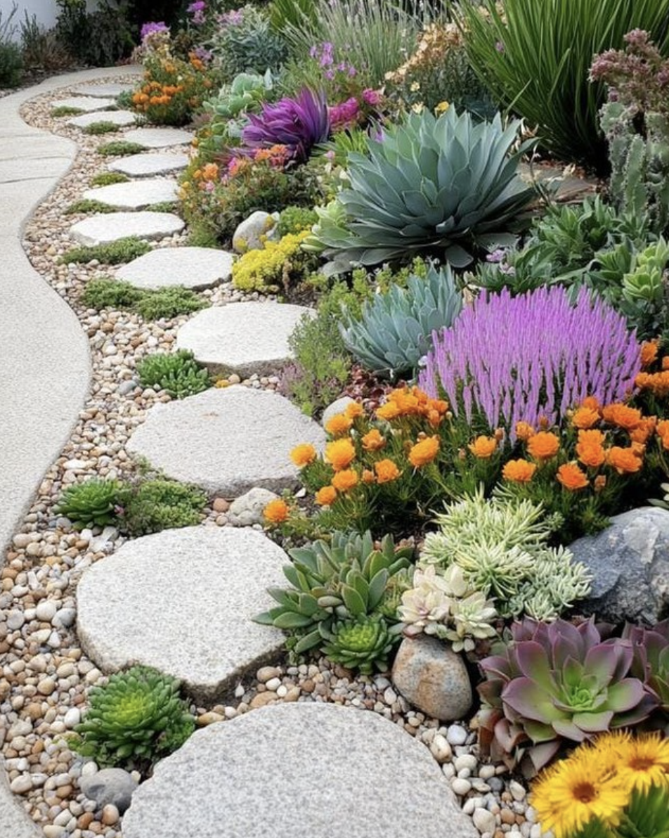 Landscaping ideas for front of house featuring stepping stone pathway, decorative gravel, succulents, and colorful flowering plants.