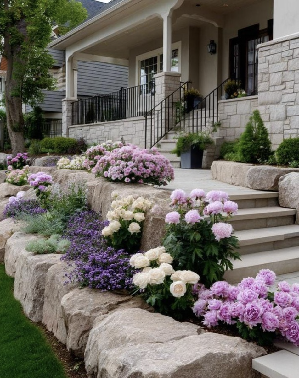 Landscaping ideas for front of house featuring tiered stone retaining walls with pink peonies, white roses, and layered perennial flowers.