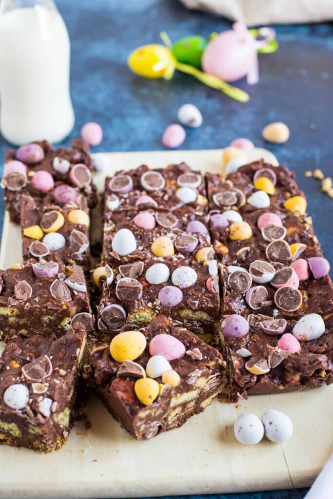 Chocolate tiffin with mini eggs - 25 Creative Leftover Mini Eggs Recipes to Try This Easter; delicious and sweet recipes using extra Cadbury mini eggs - Baked goods, sweets, and cakes!