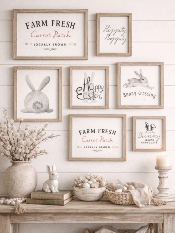 Farmhouse Easter wall art printables displayed in rustic wood frames on a shiplap gallery wall with neutral spring decor and bunny accents.
