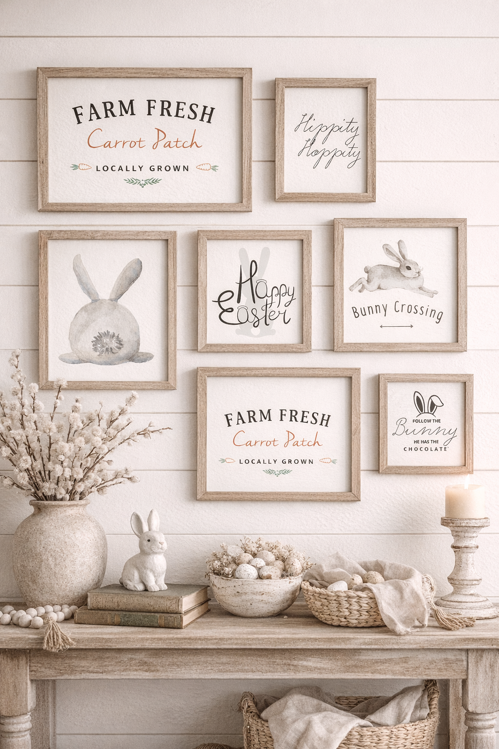 Farmhouse Easter wall art printables displayed in rustic wood frames on a shiplap gallery wall with neutral spring decor and bunny accents.