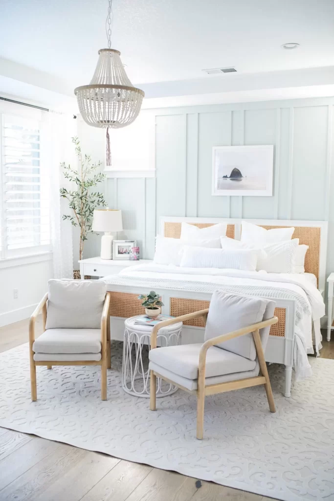 How to Decorate a Bedroom; teal board and batten, turquoise board and batten, bedroom accent wall