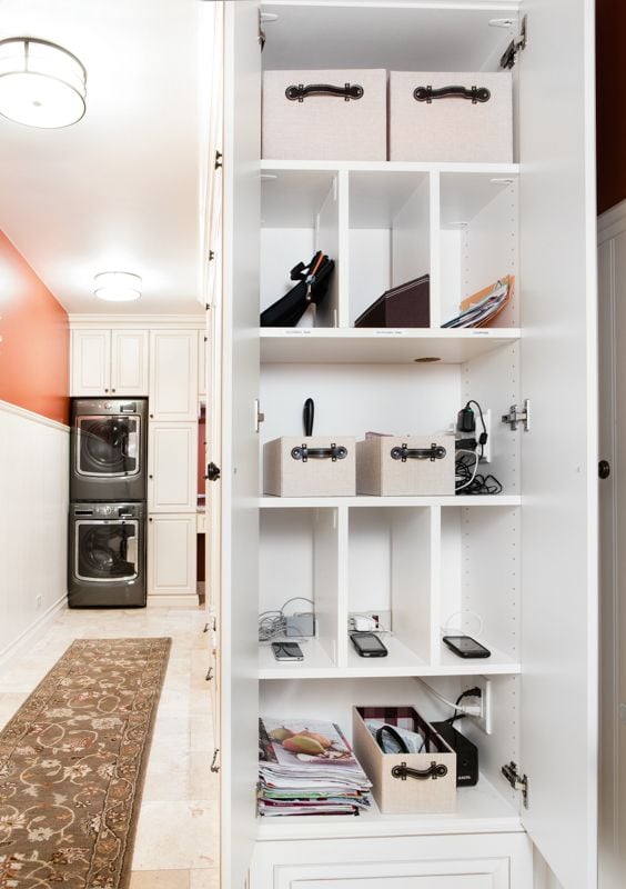 39 Tips to Decorate a Mudroom on a Budget; Learn how to transform your mudroom into a warm and inviting space that you will love! charging station, electronic zone