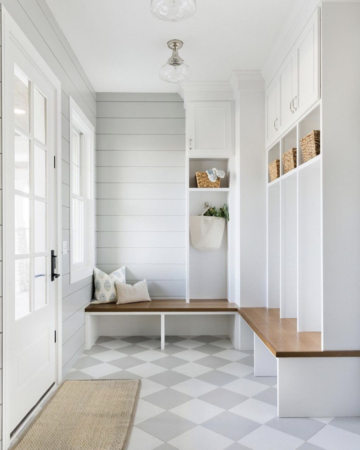 39 Tips to Decorate a Mudroom on a Budget; checkered flooring, lockers, shiplap