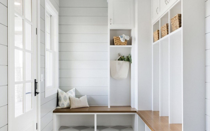 39 Tips to Decorate a Mudroom on a Budget; checkered flooring, lockers, shiplap