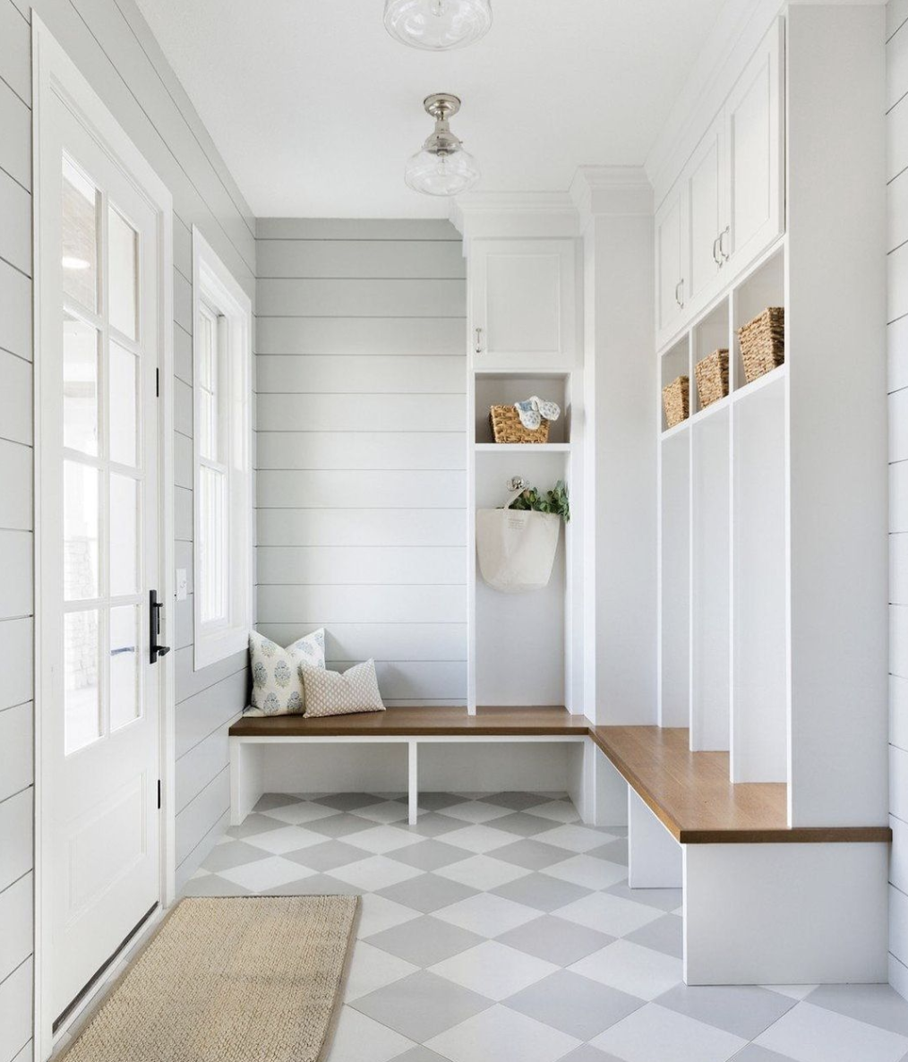 39 Tips to Decorate a Mudroom on a Budget; checkered flooring, lockers, shiplap