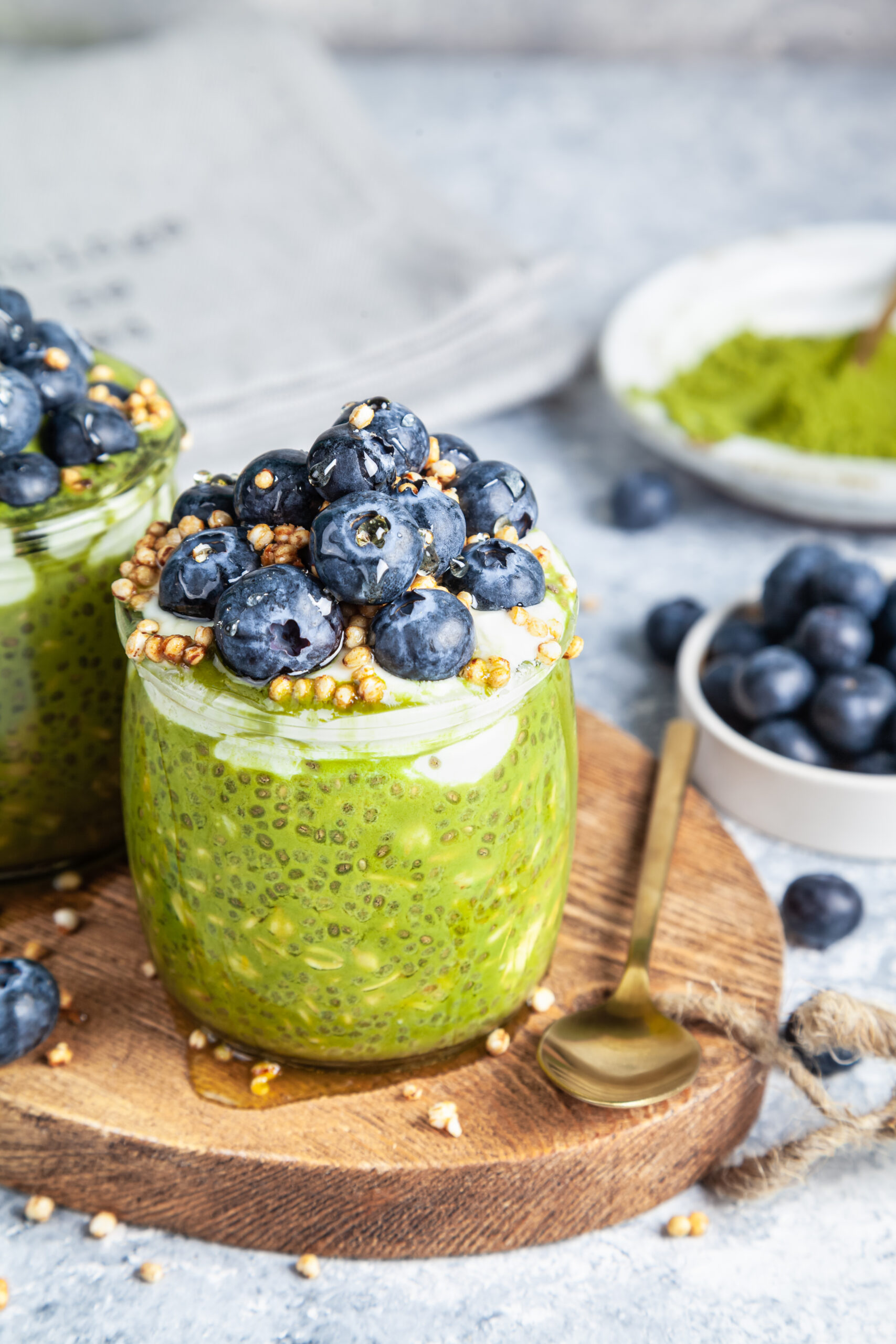 Matcha and blueberry chia pudding recipe with oats; vegan, dairy-free, low carb, gluten free, no added sugar. Healthy breakfast, snack or dessert!