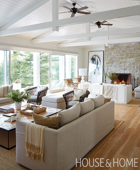 Ceiling fans, beams, white ceiling - Lake House and Cottage Decorating Ideas