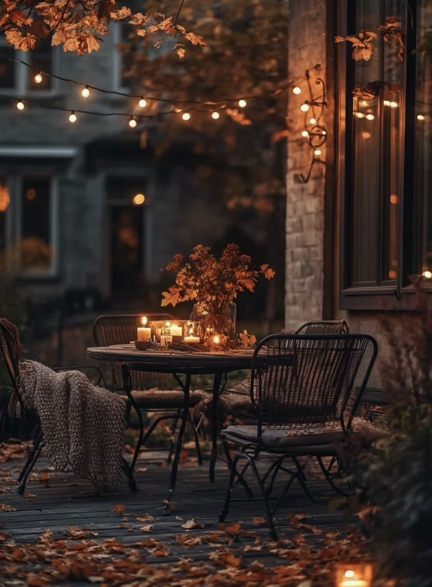 Cozy fall outdoor table setting with glowing candles, autumn leaves, string lights, and a blanket draped over a chair for a warm, intimate look.