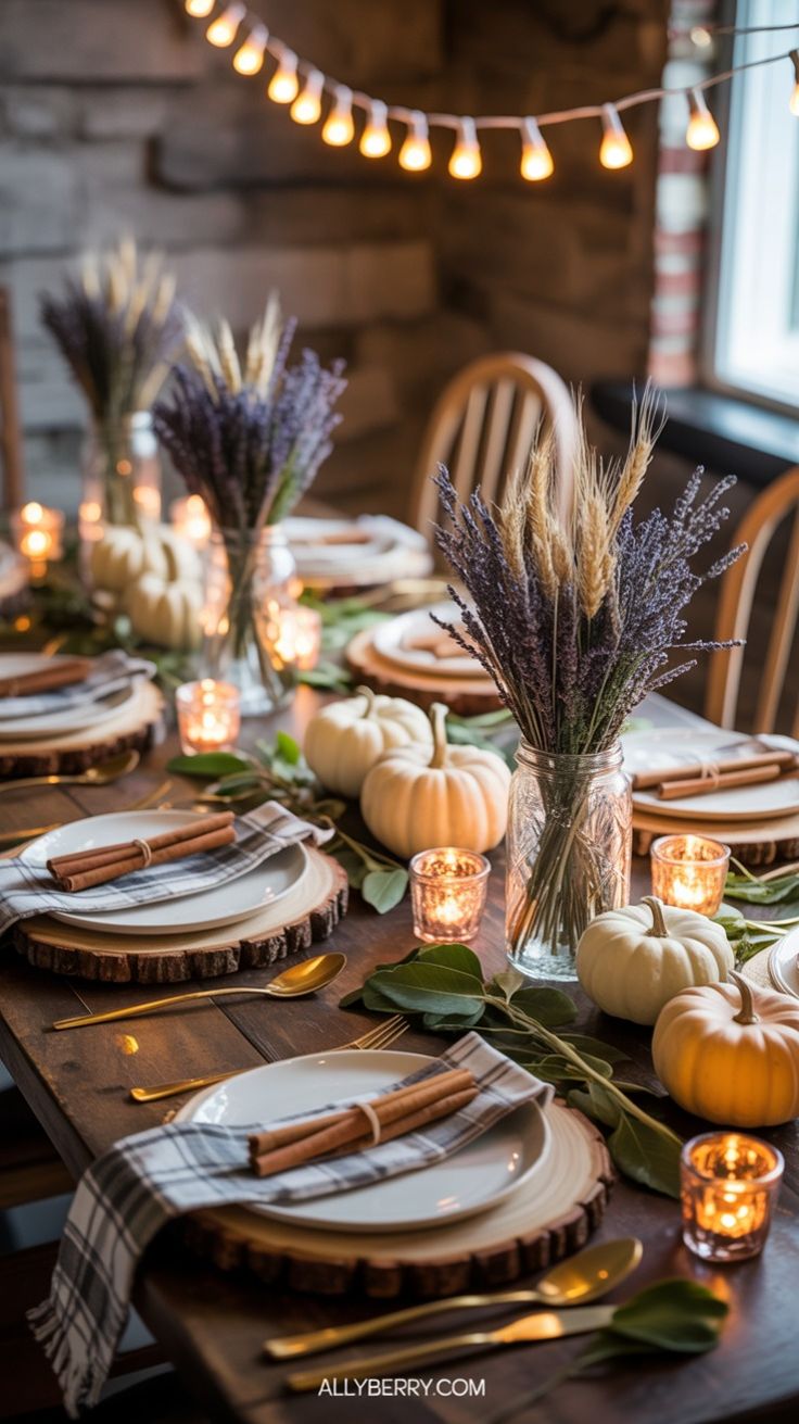 Rustic fall dining table with wood slice chargers, plaid napkins, mini white pumpkins, candles, and lavender bundles for a cozy, budget-friendly centerpiece.