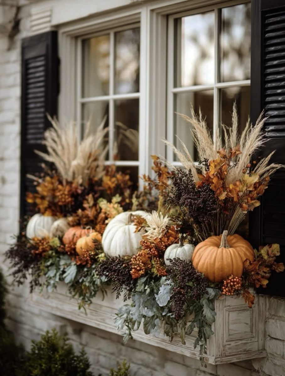 Fall window box arrangement with white and orange pumpkins, dried grasses, berries, and autumn leaves for a cozy, natural, and budget-friendly seasonal display.
