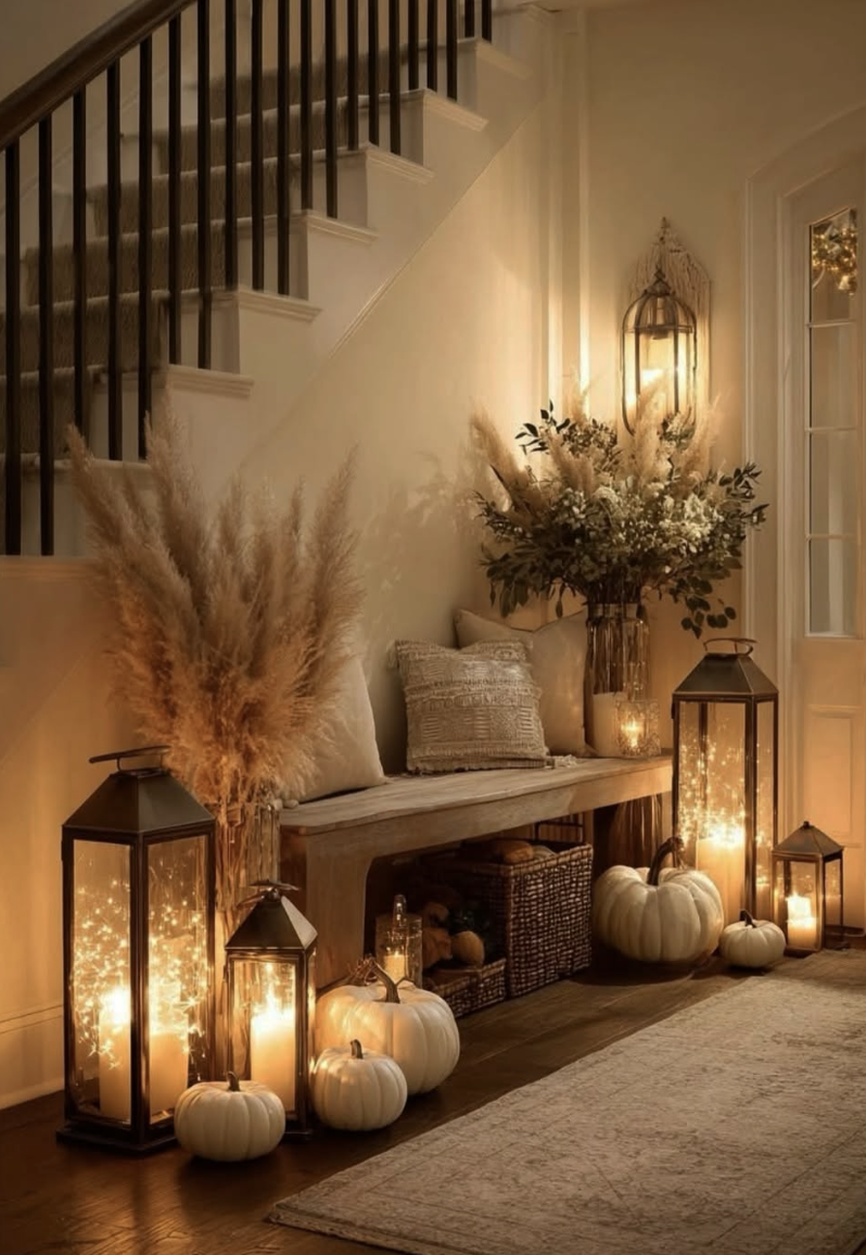 Cozy fall entryway with pampas grass in tall vases, white pumpkins, woven baskets, and glowing lanterns creating a warm autumn atmosphere.
