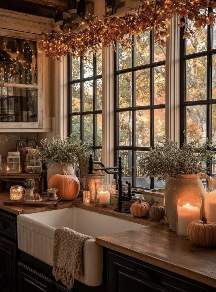 Cozy farmhouse kitchen decorated for fall with repurposed jars and bottles holding greenery, pumpkins on the counter, and glowing candles for a rustic autumn look.