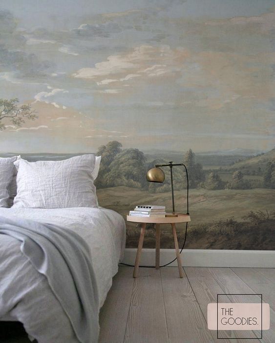 landscape wall mural in bedroom accent wall