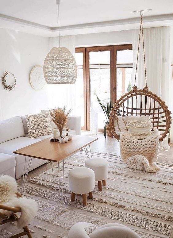 hanging swing, rattan furniture -  Boho Coastal Living Room Ideas