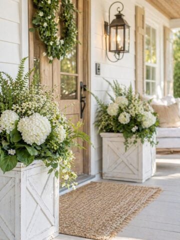 I love how these front porch planter ideas use soft white flowers and greenery to create such a calm, welcoming farmhouse feel. The layered look with wooden planters adds texture and warmth, making it perfect for anyone wanting a cozy, elevated entryway. If you're searching for farmhouse front porch planter ideas for curb appeal, this is such an easy and beautiful setup to try-definitely one to save for your next porch refresh