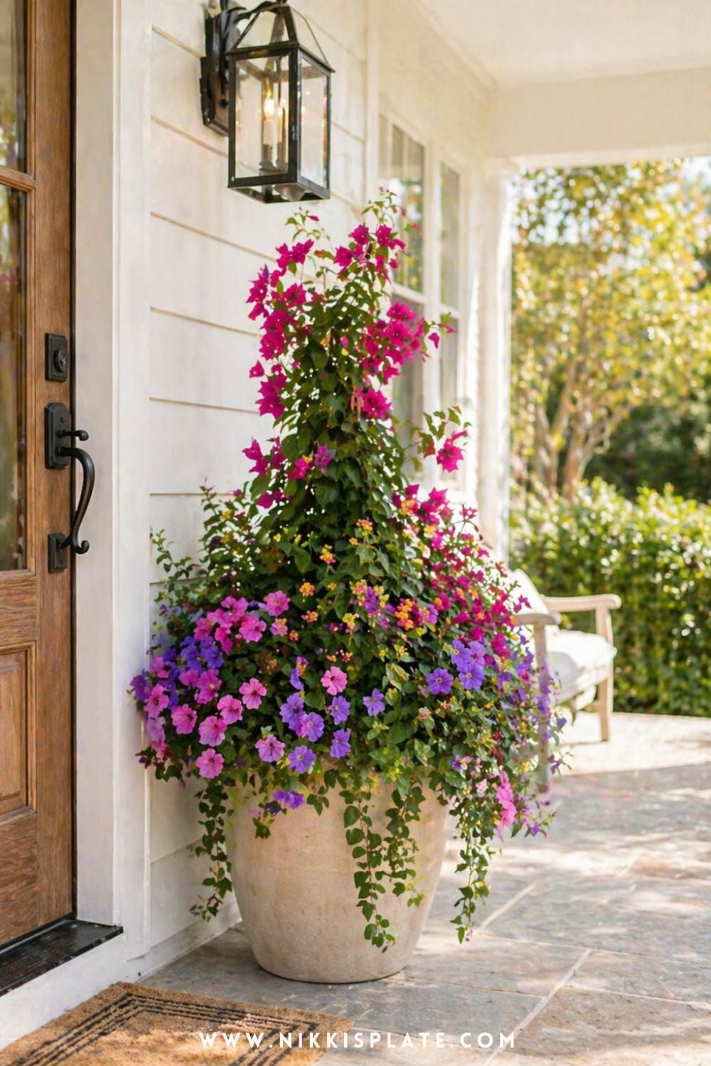 Colorful front porch planter ideas with pink, purple, and yellow flowers in a large neutral planter by the front door