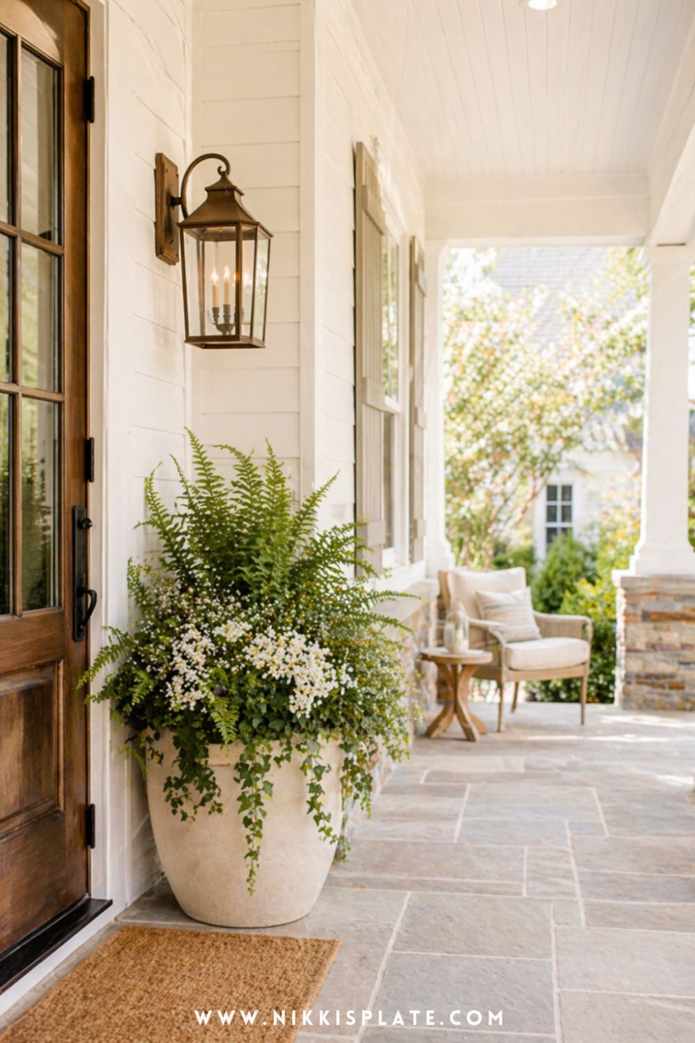 Cozy front porch planter ideas with ferns, white flowers, and trailing greenery in a neutral pot by a welcoming entryway