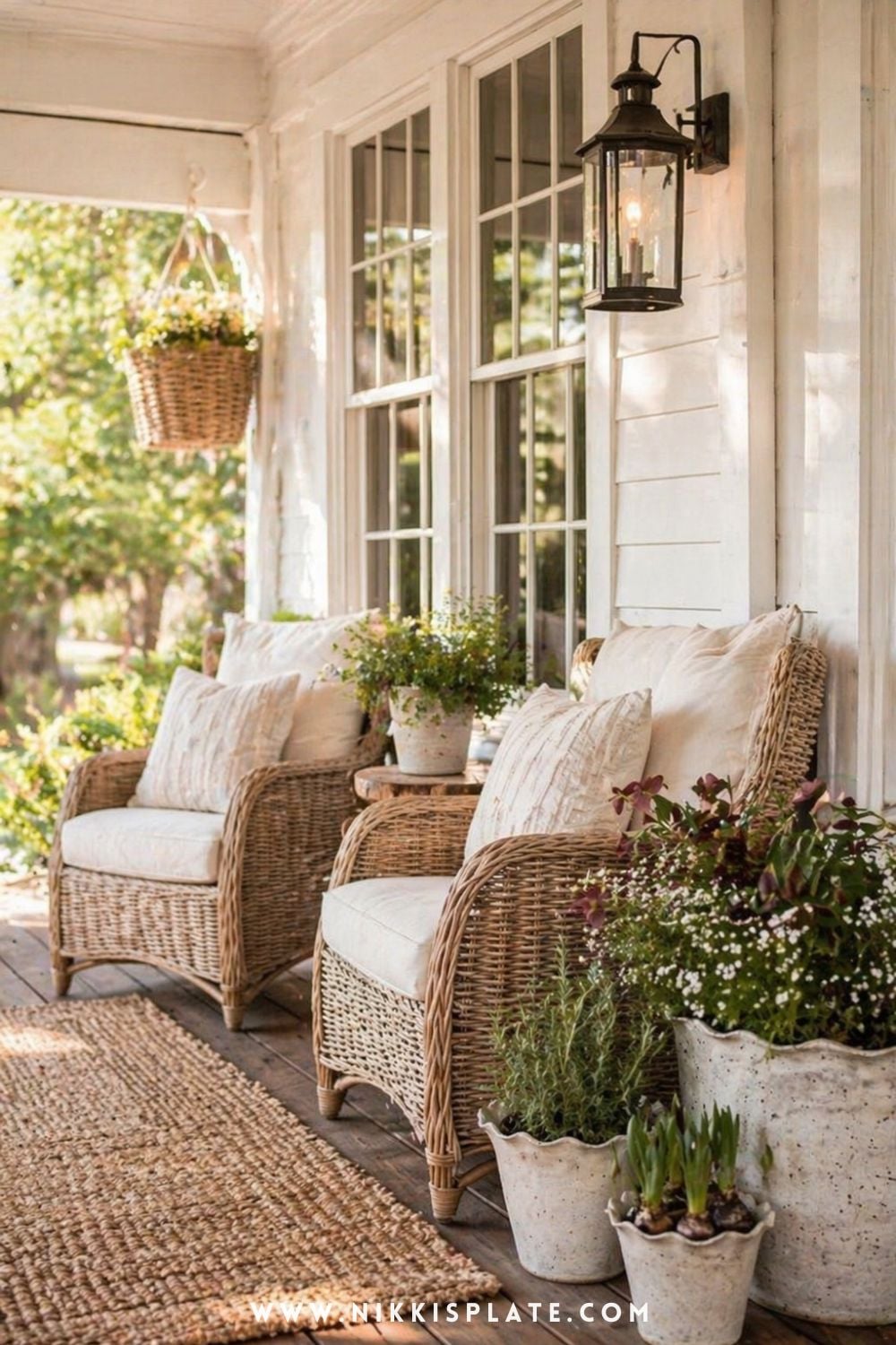 Cozy front porch planter ideas with mixed greenery and flowers in neutral pots beside wicker chairs and soft cushions