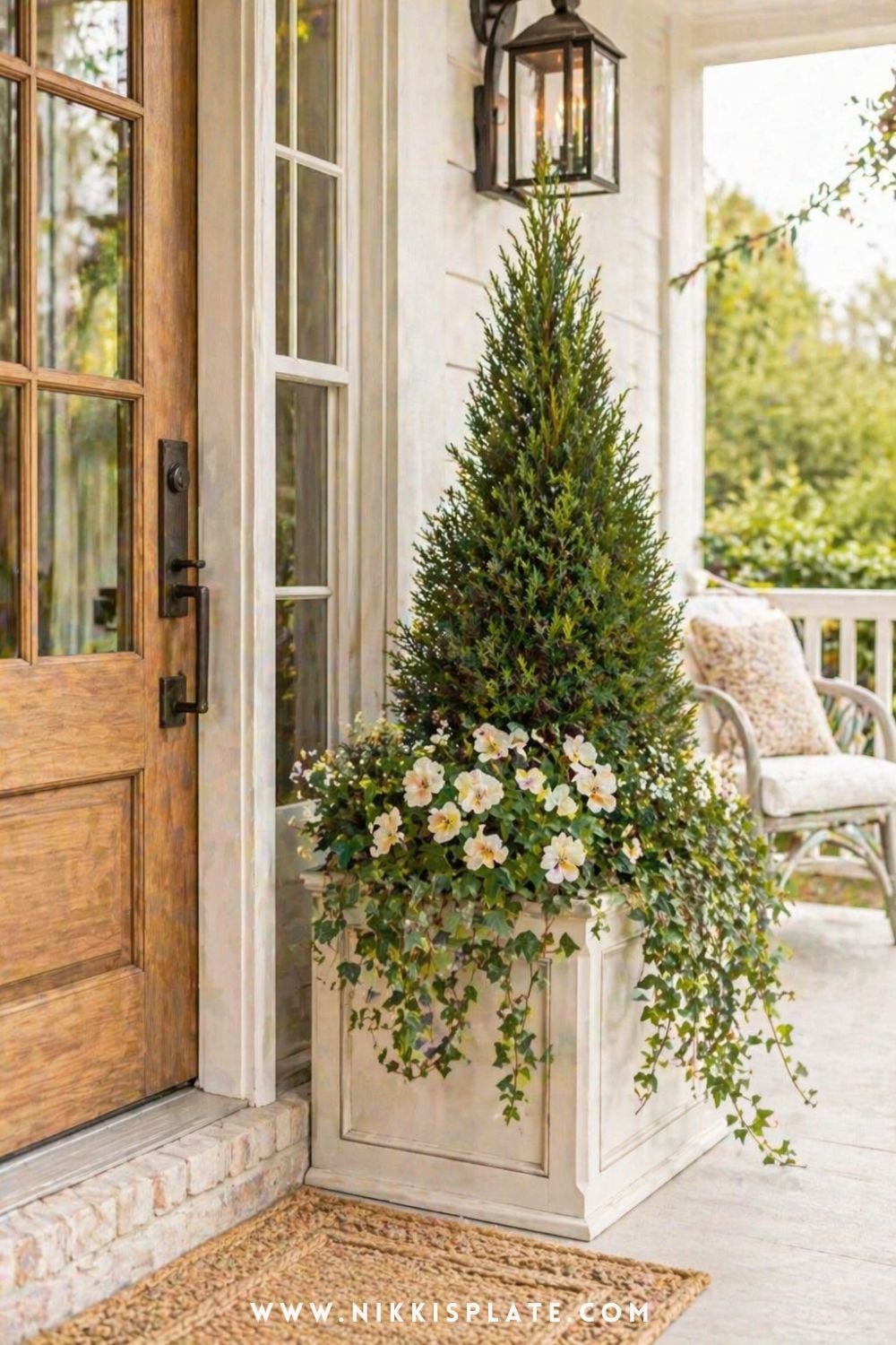 Elegant front porch planter ideas with evergreen tree, white flowers, and trailing ivy in a neutral planter by the front door
