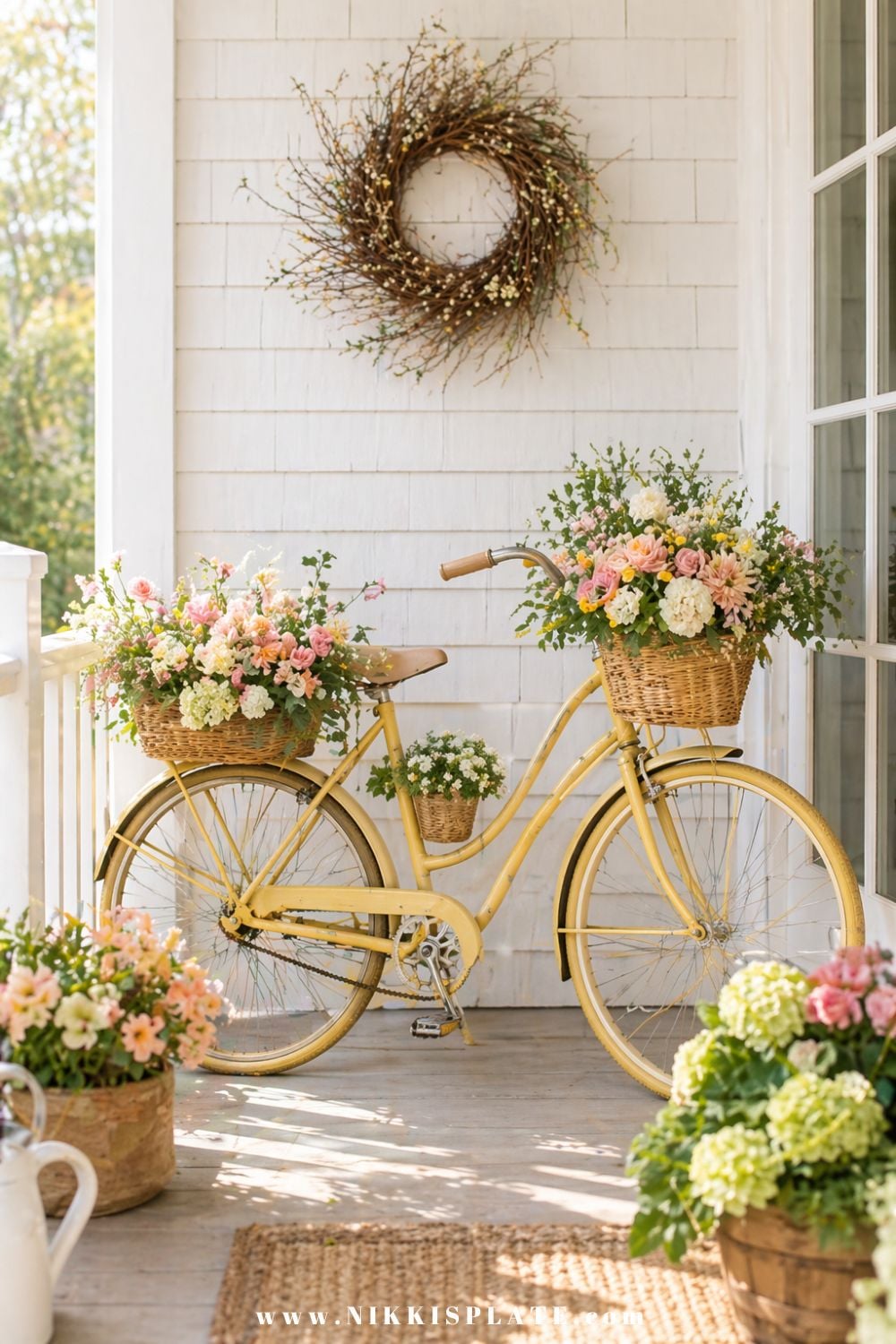 front porch planter ideas with vintage yellow bicycle filled with pink and white flowers
