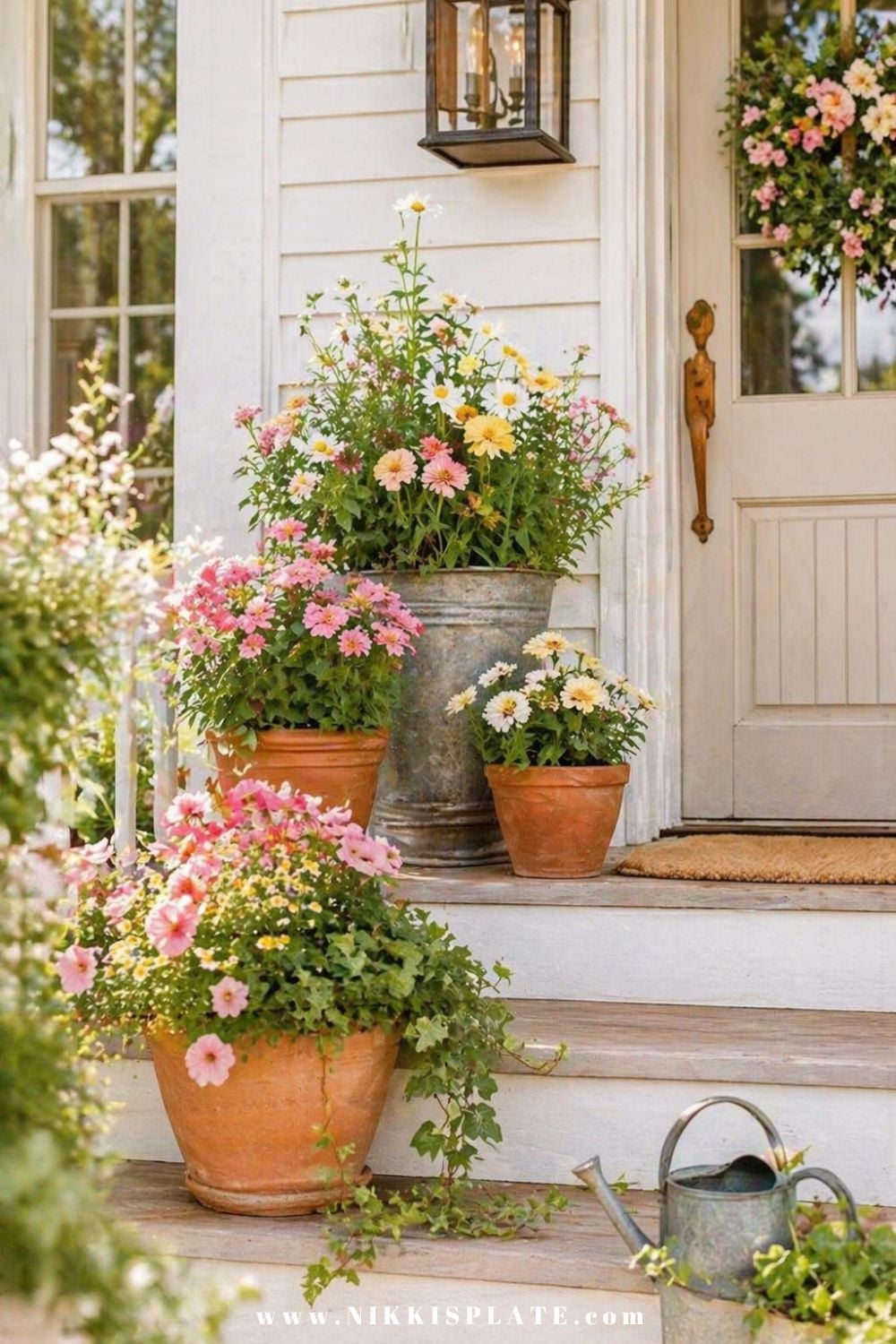 Front porch planter ideas with terracotta pots, daisies, pink flowers, and trailing greenery arranged on porch steps