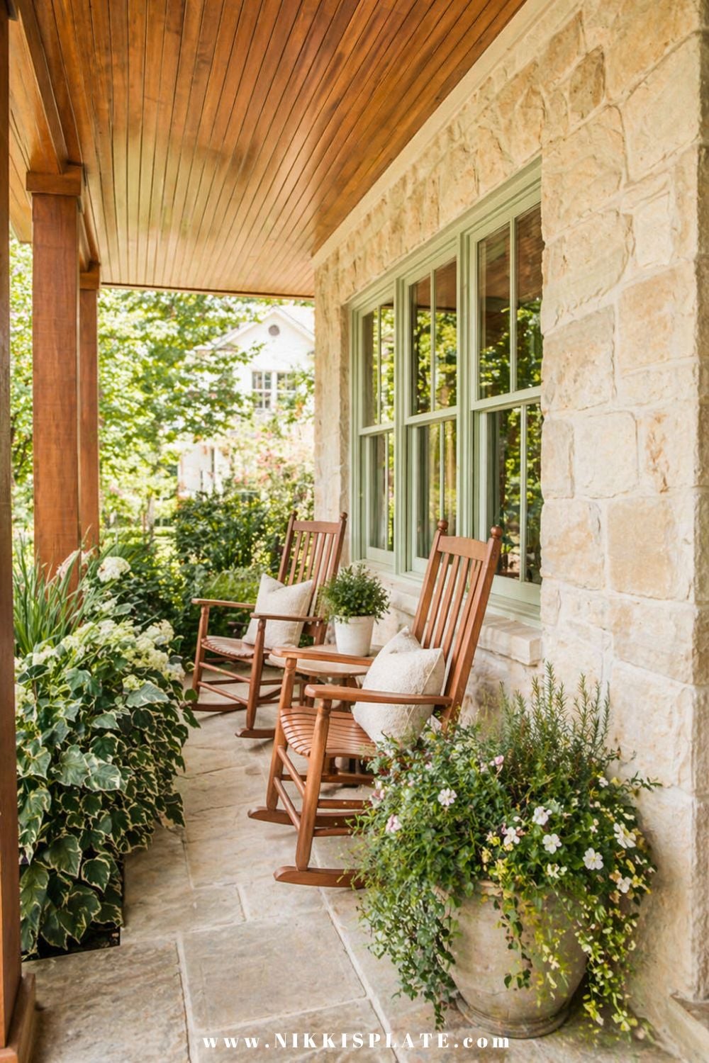 Front porch planter ideas with natural stone home, wooden rocking chairs, and lush greenery in soft neutral pots