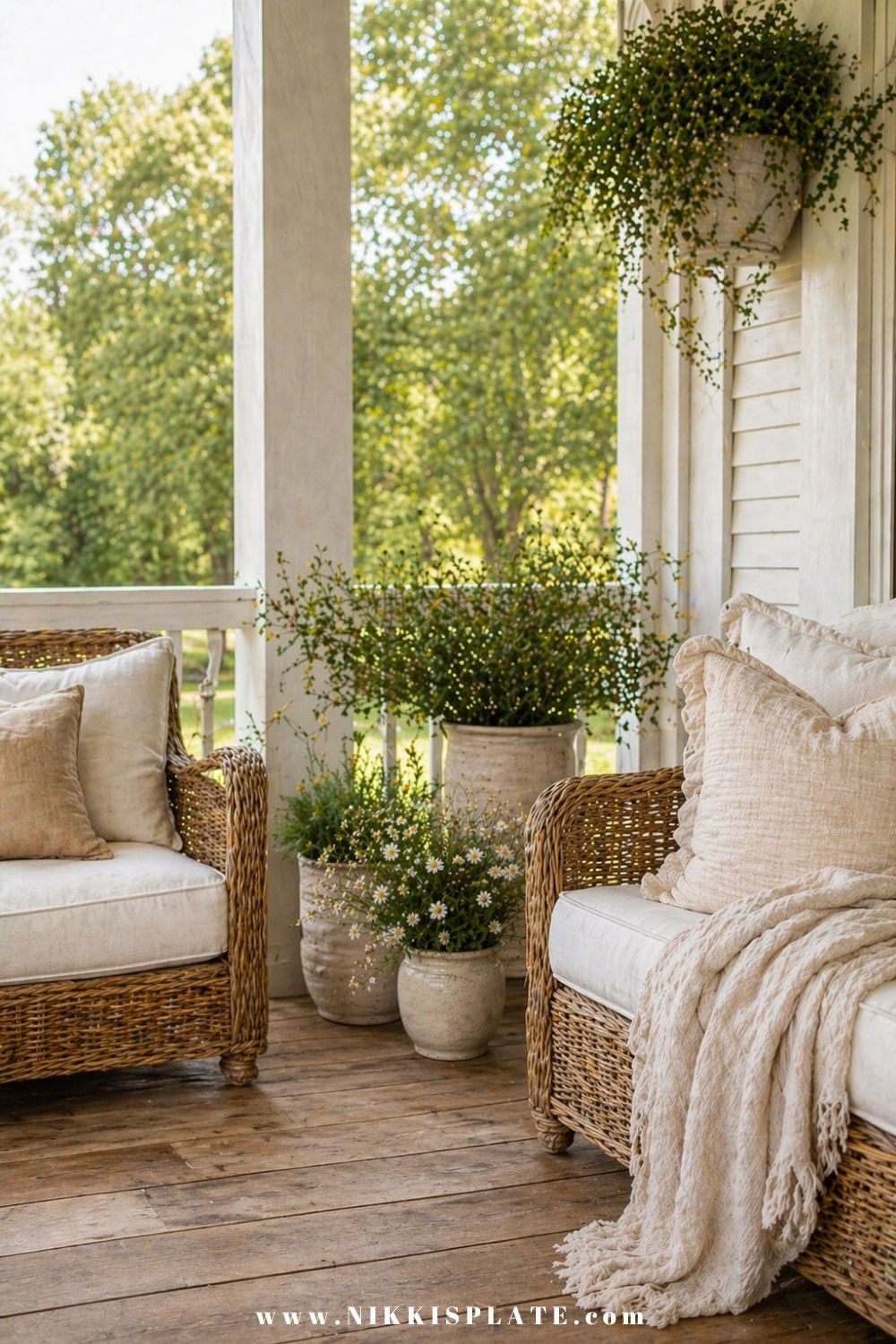 Front porch planter ideas with neutral pots, greenery, and small white flowers styled around wicker seating