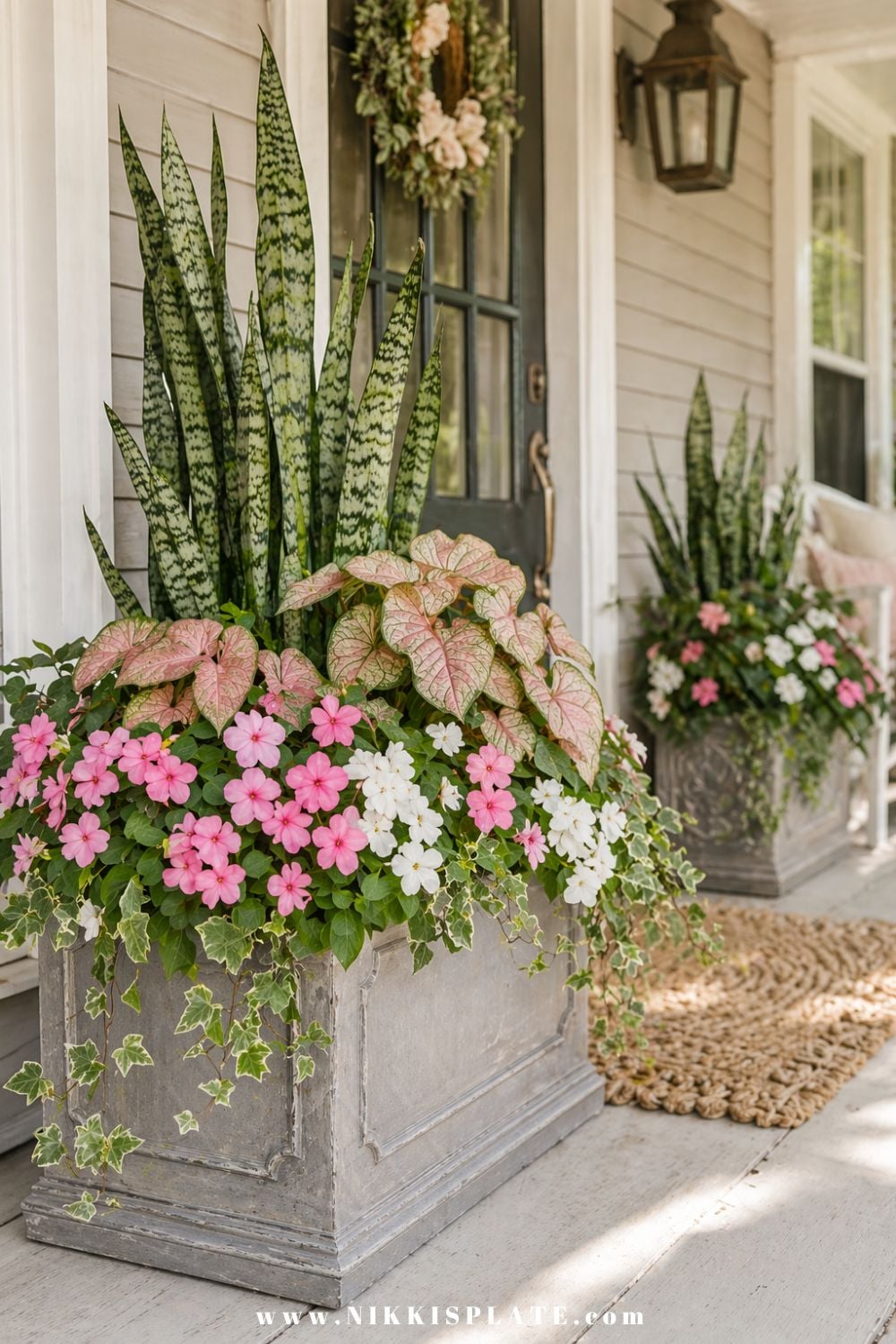 front porch planter ideas with snake plant, pink flowers, caladium, and trailing ivy in a decorative container