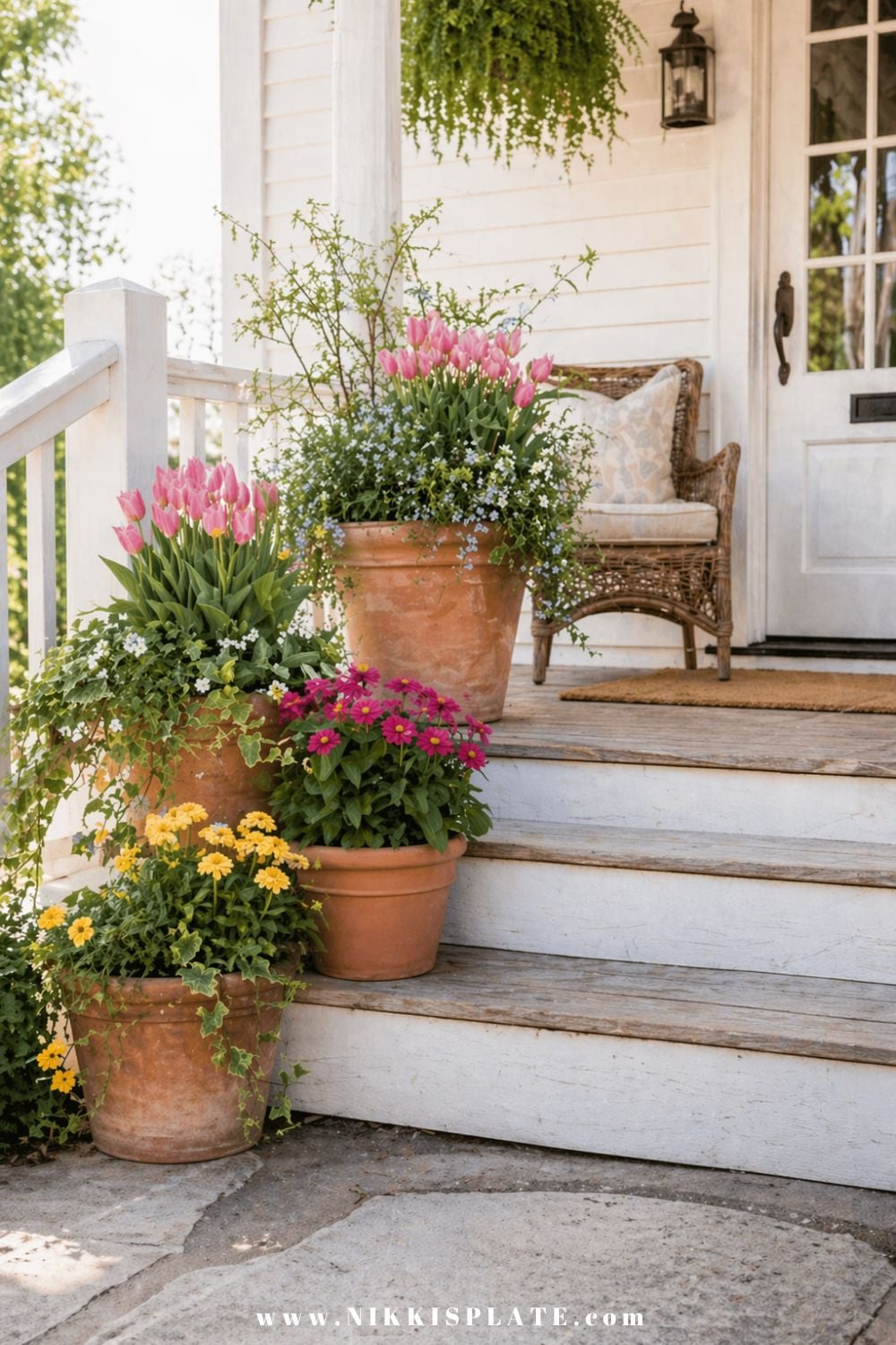 Front porch planter ideas with terracotta pots filled with tulips, colorful flowers, and trailing greenery on porch steps