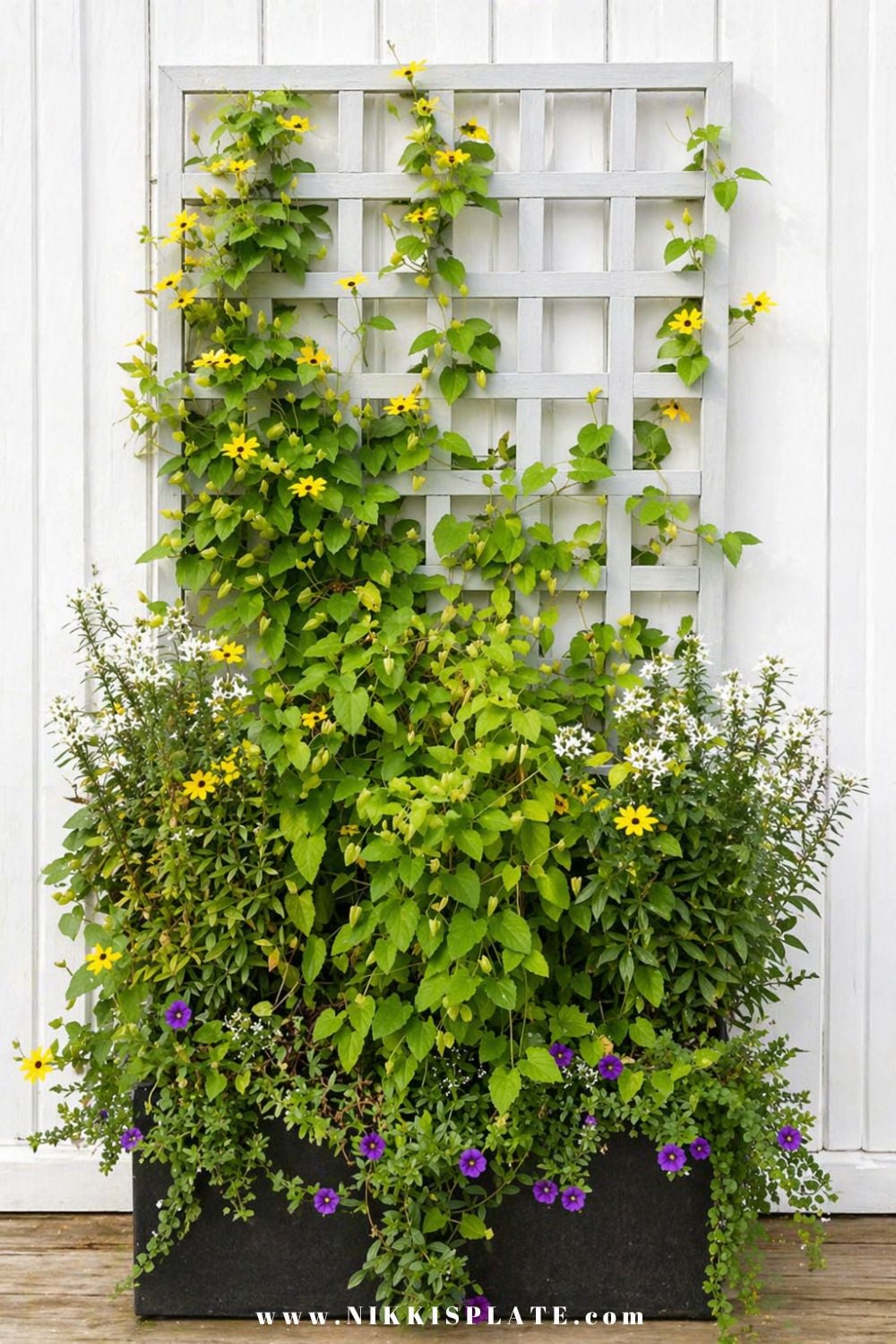 Front porch planter ideas with a vertical trellis planter featuring climbing greenery and colorful flowers