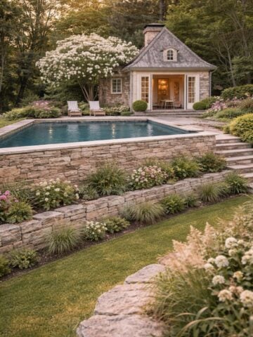 Charming Cottage Hillside Pool with Stone Retaining Walls and Garden Landscaping - Hillside pool with retaining walls featuring stone terraces and cottage garden landscaping in a sloped backyard