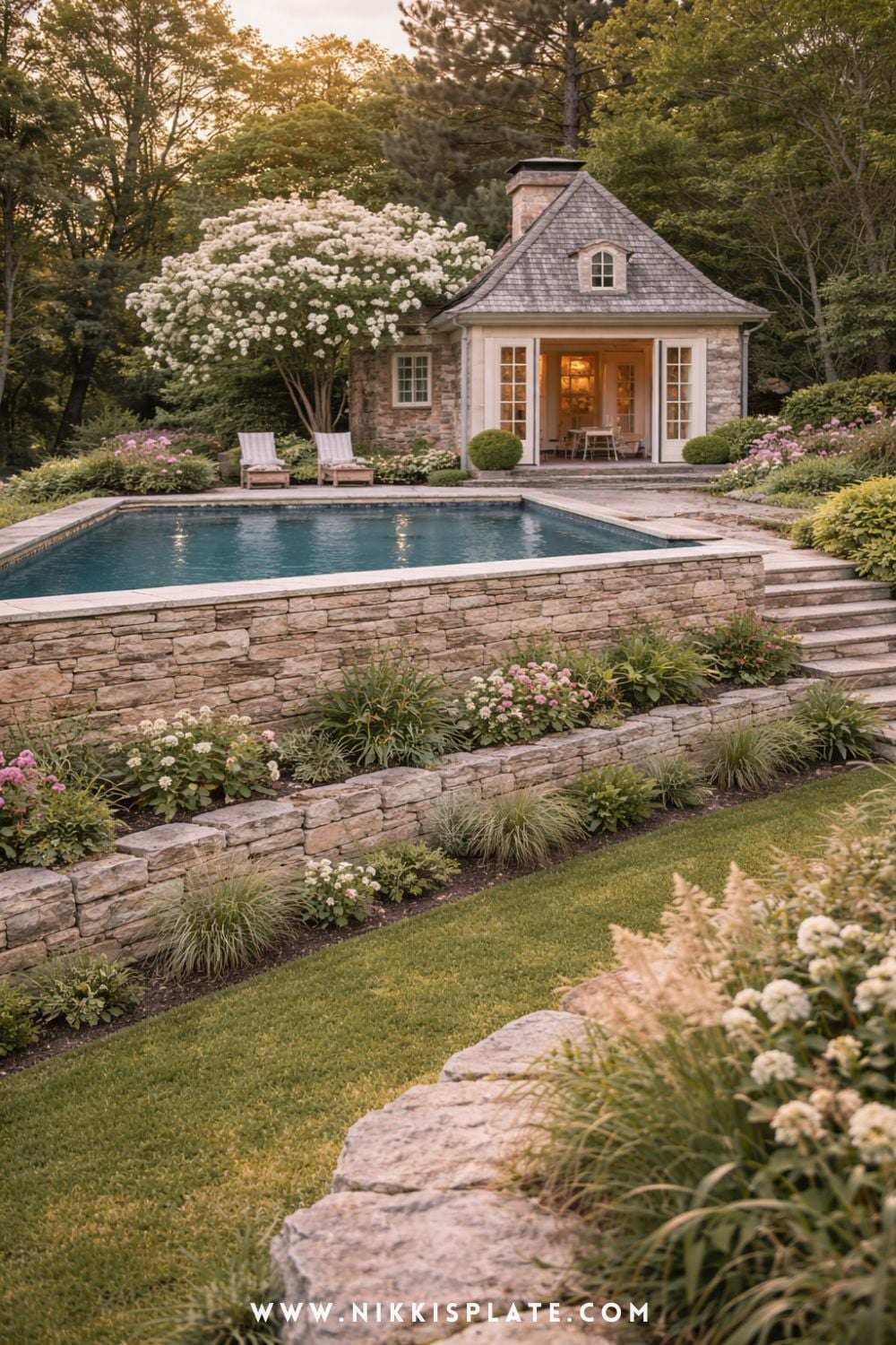 Charming Cottage Hillside Pool with Stone Retaining Walls and Garden Landscaping - Hillside pool with retaining walls featuring stone terraces and cottage garden landscaping in a sloped backyard