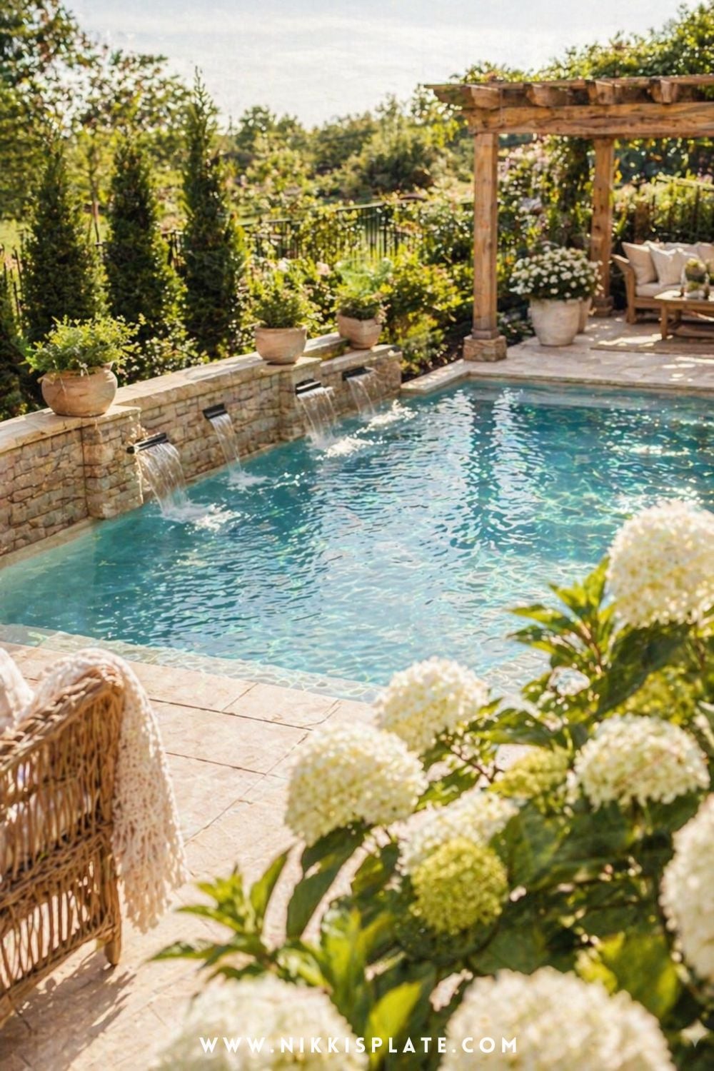 Hillside pool with retaining walls, small waterfalls, and a cozy pergola seating area surrounded by lush garden landscaping