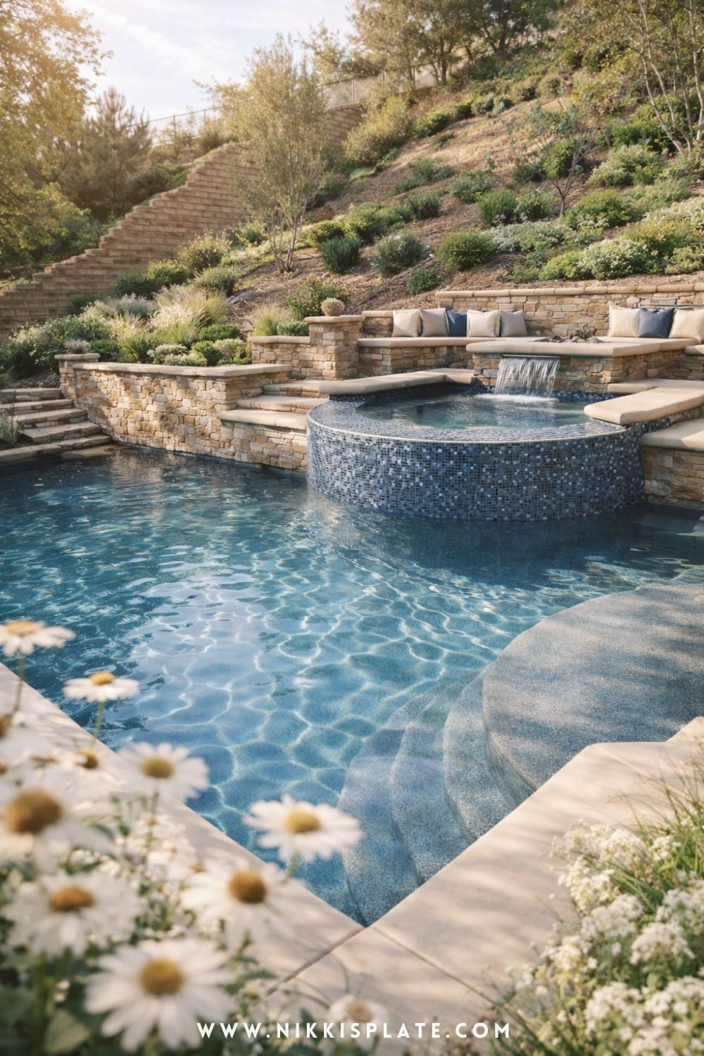 Hillside pool with retaining walls featuring a spa waterfall, natural stone terraces, and soft landscaped slope