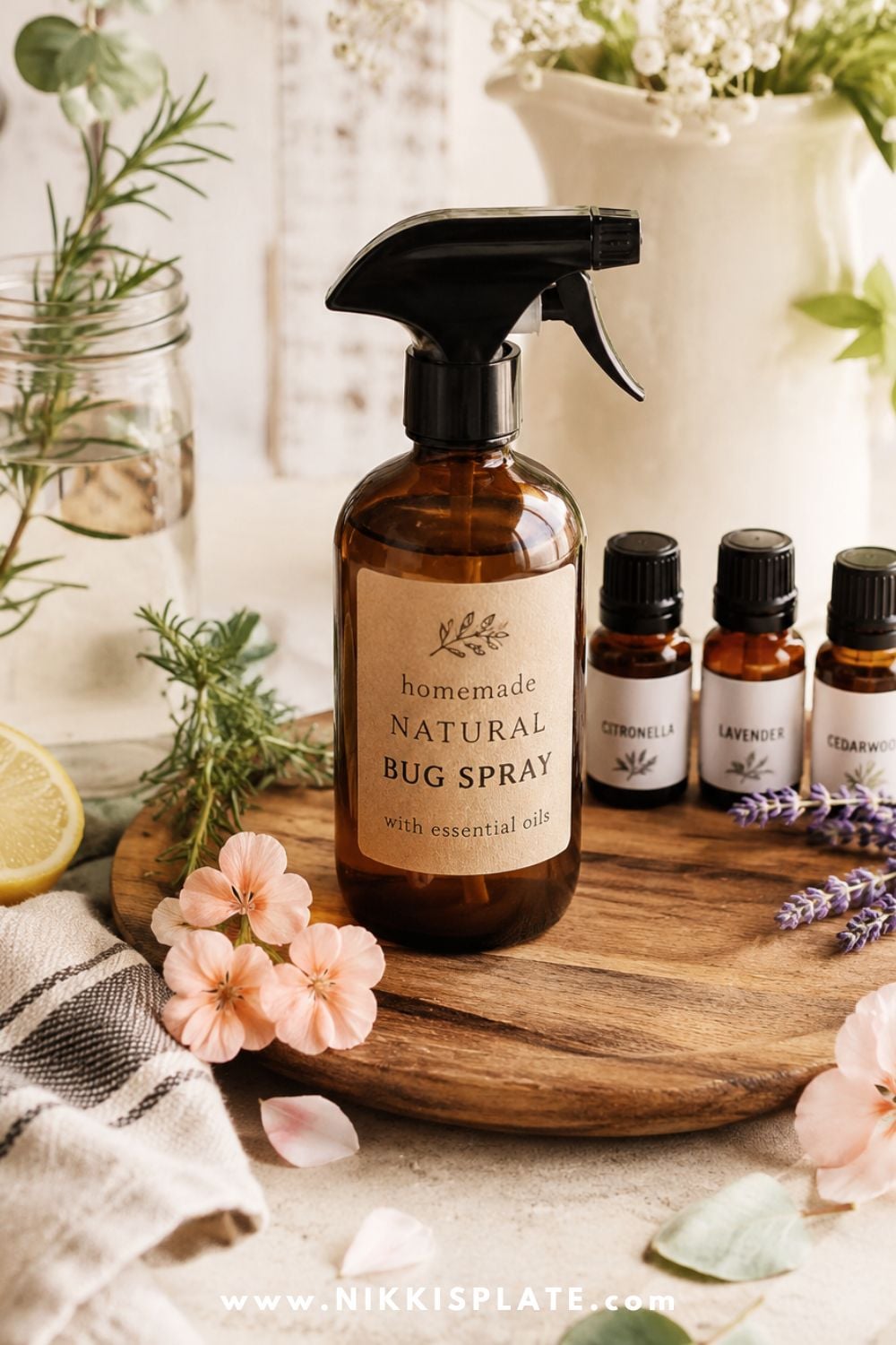 Homemade natural bug spray in an amber glass bottle with citronella, lavender, cedarwood, rosemary, and fresh flowers on a warm farmhouse-style table.