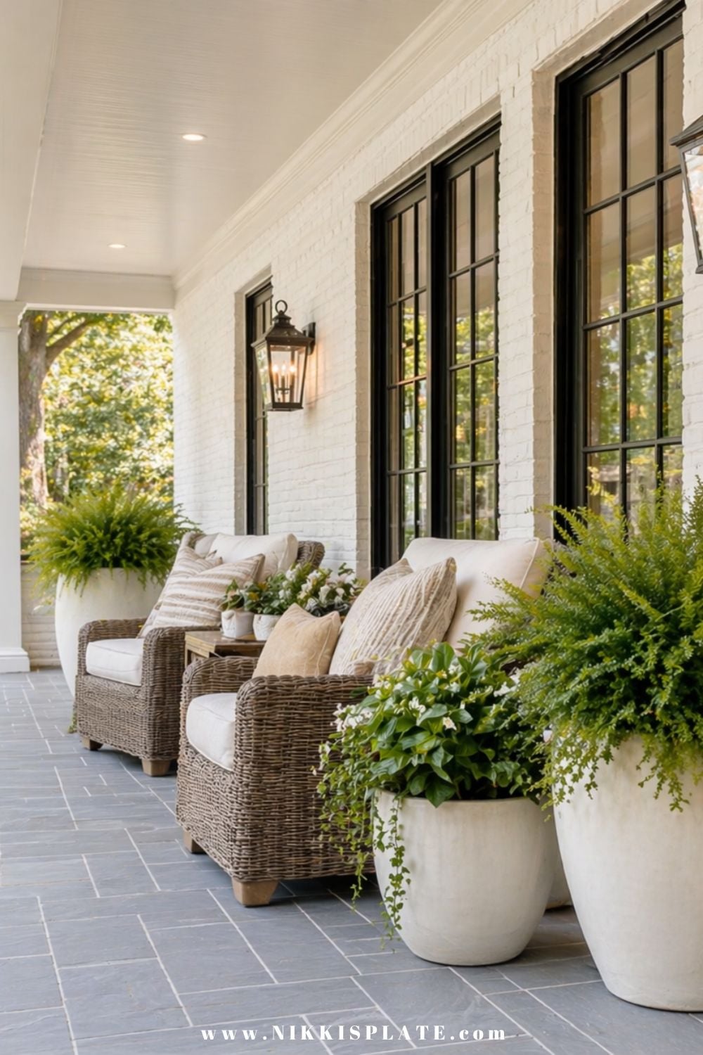 front porch planter ideas with ferns in white pots next to wicker chairs on a modern porch