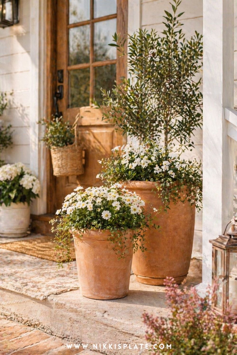 Simple terracotta front porch planter ideas with white flowers and greenery creating a warm, inviting entryway