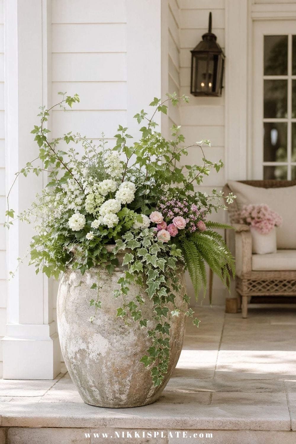 front porch planter with white flowers, pink roses, ivy, and greenery in a rustic stone pot
