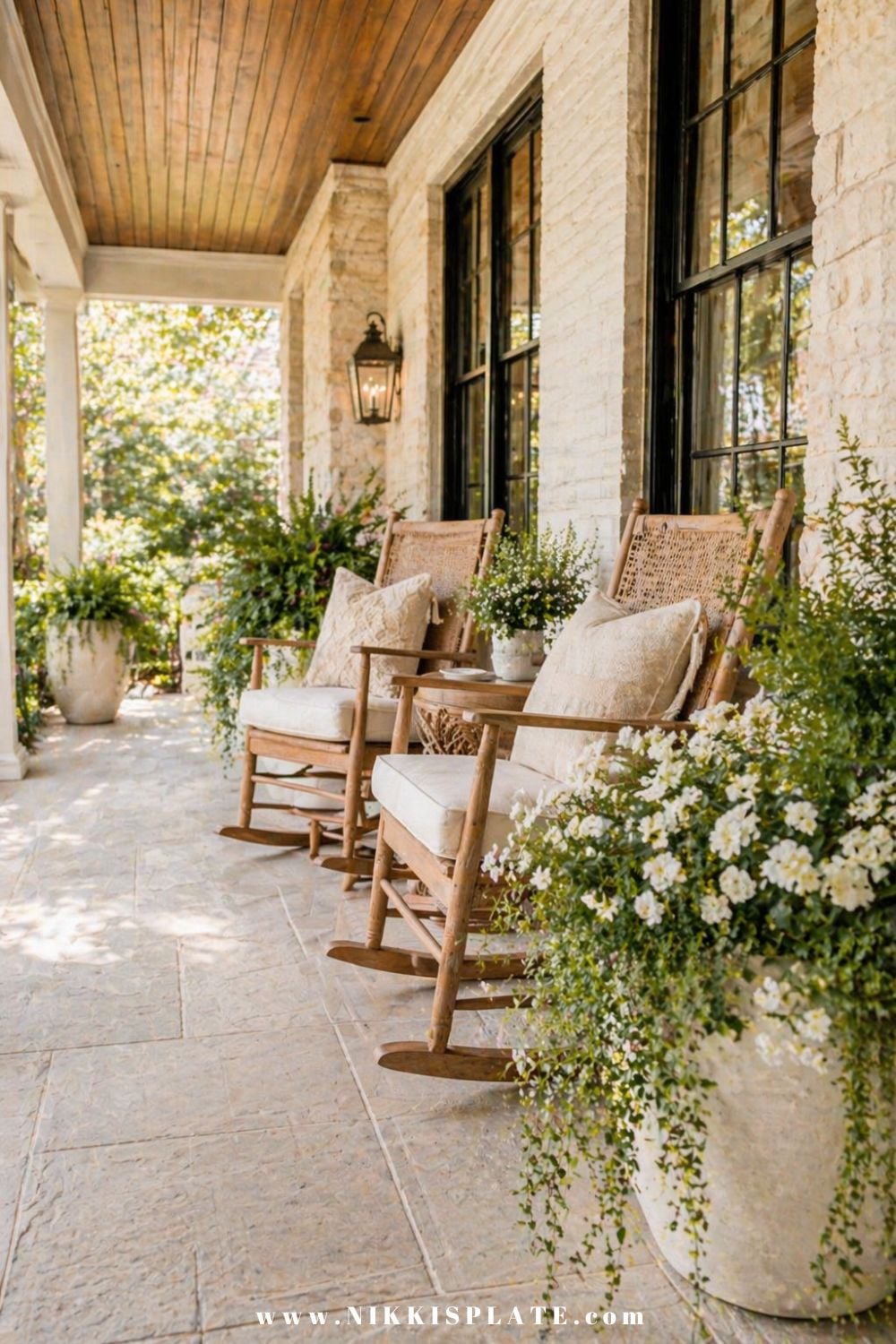 front porch planter ideas with white flowers and greenery beside wooden rocking chairs on a covered porch