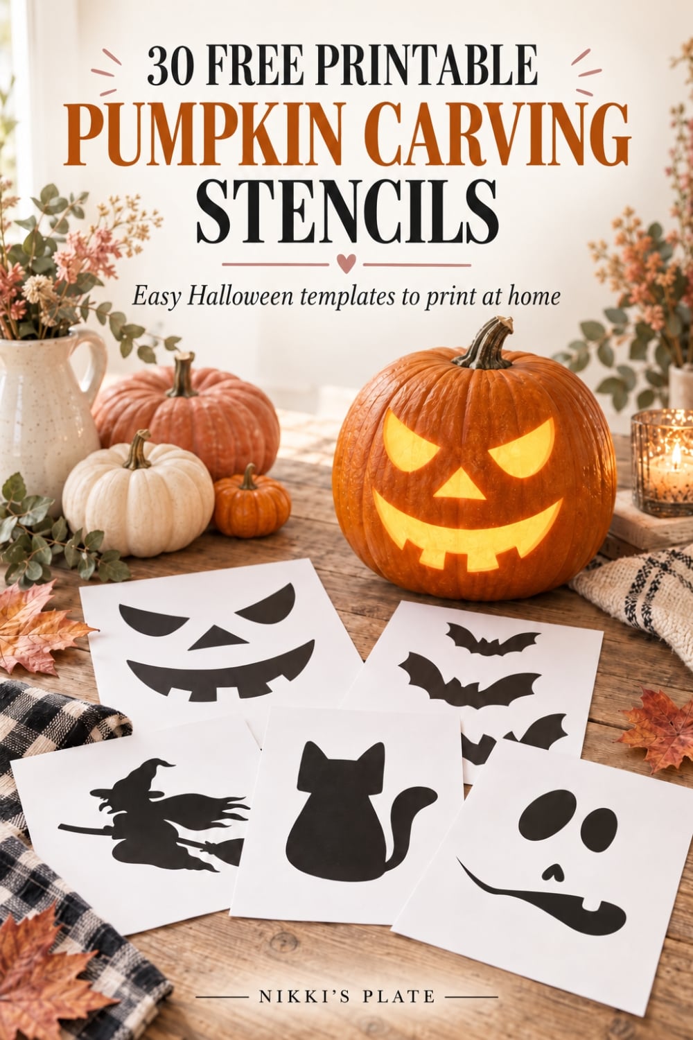 30 free printable pumpkin carving stencils displayed with a glowing jack-o-lantern, witch, bat, cat and ghost Halloween templates.