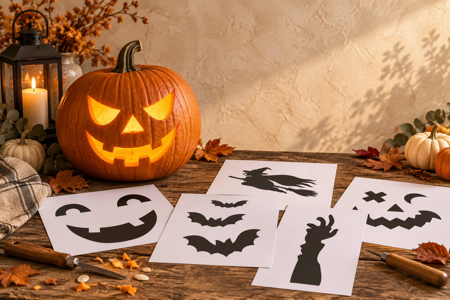 30 free printable pumpkin carving stencils with Halloween pumpkin templates, bats, witch and spooky jack-o-lantern designs.