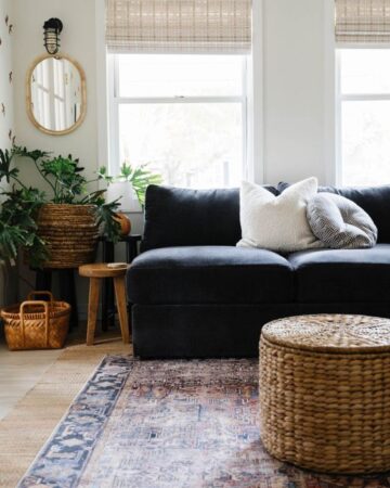20 Beautiful Black Couch Living Room Ideas; black sofa, rustic living room with black couch