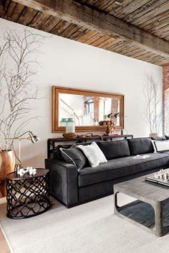 20 Beautiful Black Couch Living Room Ideas; black sofa, rustic living room with black couch,
