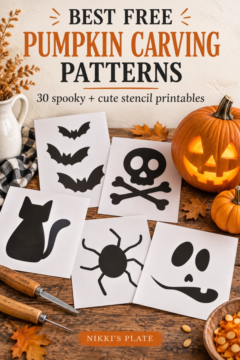 Free pumpkin carving patterns featuring printable bat, skull, black cat, spider and ghost stencils beside a glowing Halloween pumpkin.