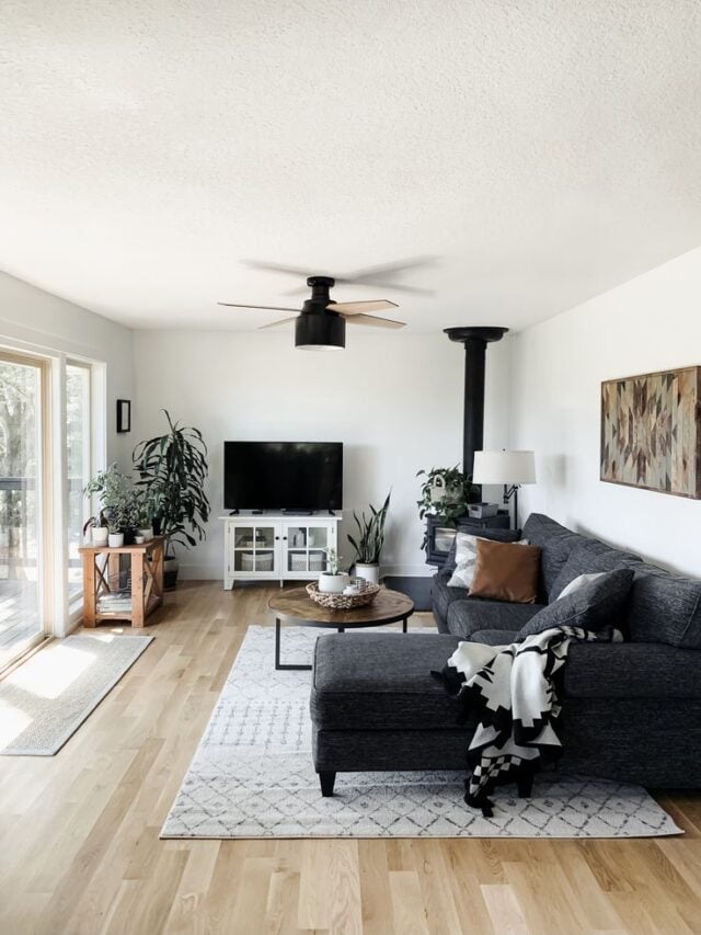 20 Beautiful Black Couch Living Room Ideas; black sofa, wood stove, industrial fan, tv on white stand